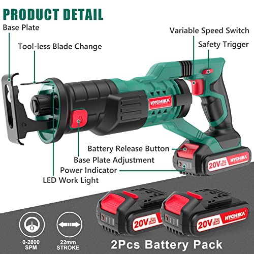 HYCHIKA Reciprocating Saw, 18V MAX Cordless Saw with 2.0Ah Battery, 2800SPM,7/8" Stroke Length, Variable Speed, Tool-Free Blade Change, 6 Saw Blades - WoodArtSupply