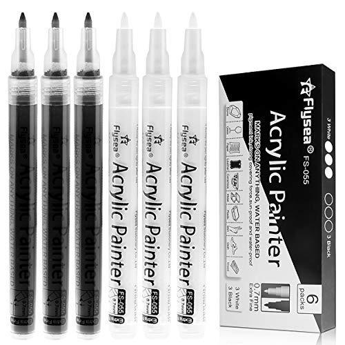 Black Paint Pens, 6 Pack 0.7mm Acrylic Black Permanent Marker ,White Paint Pens for Rock Painting, Stone,Wood, Plastic, Ceramic, Glass, Metal Canvas, - WoodArtSupply