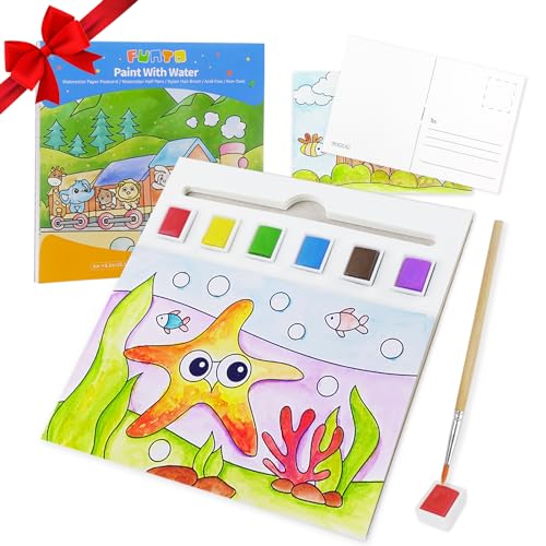 Funto Paint with Water Books, Paint and Postcards for Creative Kids with Embedded Watercolor Half Pans, Watercolor Coloring Books Postcards for