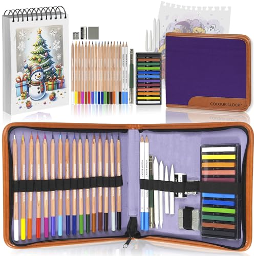 COLOUR BLOCK Drawing Travel Art Set - 60 sheets 6 x 8 Inches Drawing Pad,16 Drawing Colored Pencils Set, 12 Soft Pastels Set, 2 Sketching Pencils, - WoodArtSupply