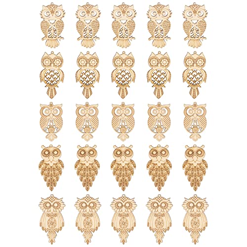 Framendino, 25 Pack Unfinished Wood Cutouts Owl Shape Wooden Slices Bird Hanging Wooden Cutout Wood Chips Embellishments for DIY Craft Home Framendino