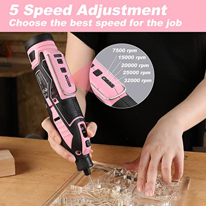 WORKPRO Pink 12V Cordless Rotary Tool Kit, 5 Variable Speeds, Powerful Engraver, Sander, Polisher, 114 Easy Change Accessories, Craft Tool for