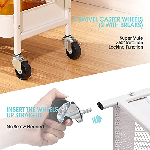 TOOLF 3-Tier Rolling Cart, Metal Utility Storage Cart with DIY Pegboards, Art Craft Trolley with Baskets Hooks, Organizer Serving Cart Easy Assemble TOOLF