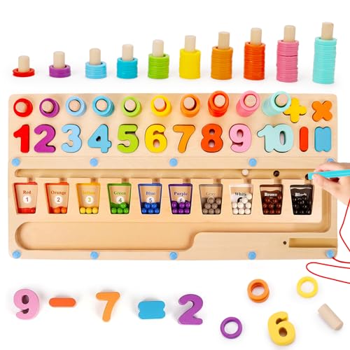 3 in 1 Magnetic Color and Number Maze - Wooden Montessori Shape Sorting Counting Puzzle Game Kindergarten Learning Stacking Fine Motor Travel Toy 2 3