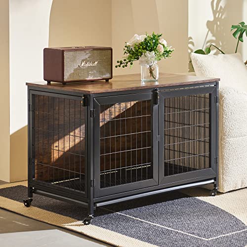 CO-Z 37 Inch Furniture Dog Crate with Wheels, 110 lb Pet Puppy Dogs Indoor Furniture Style Wooden Kennel, Heavy Duty Pet Cage House for Small Medium