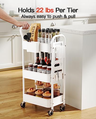 Pipishell 3-Tier Rolling Cart, Metal Utility Cart with Pegboard, Lockable Wheels & U-Shaped Handle, Storage Cart with 2 Hanging Cups & 4 Hooks for - WoodArtSupply