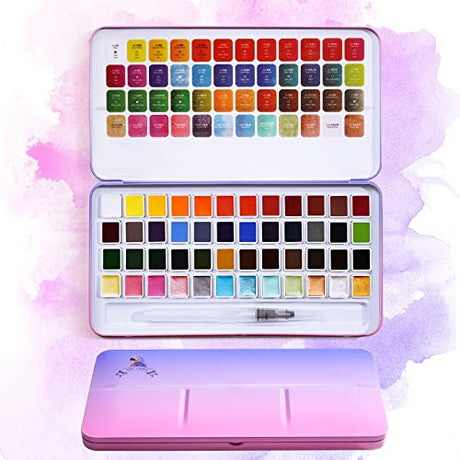 MeiLiang Watercolor Paint Set, 48 Vivid Colors Includes12 Metallic Glitter Solid Colors in Pocket Box with Metal Ring and Watercolor LIGHTWISH