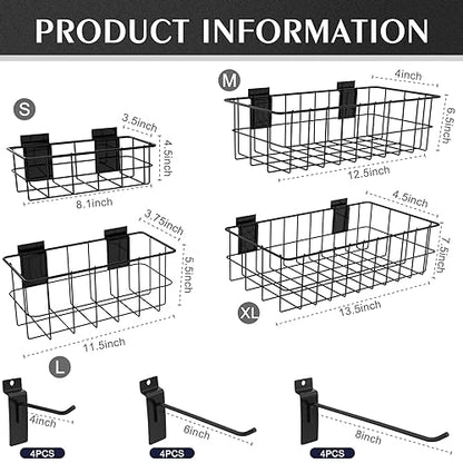 4 Pcs Slatwall Baskets and 12 Pcs 4/6/8 Inch Slatwall Hooks, 4 Sizes Ventilated Metal Hanging Wall Mount Basket Heavy Duty Slat Wall Hanging Hooks - WoodArtSupply