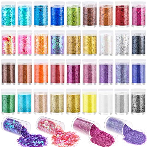 Audab Fine and Chunky Glitter Powder for Resin, Assorted Holographic Nail Sequins for Hair, Makeup, Slime, Resin Molds / Tumblers, 36 Pcs - WoodArtSupply