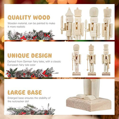 AURONUT DIY Wooden Christmas Nutcrackers, 6 pcs Unfinished Coloring Christmas Nutcracker Ornaments, Unpainted Puppet Walnut Soldier with Paint &