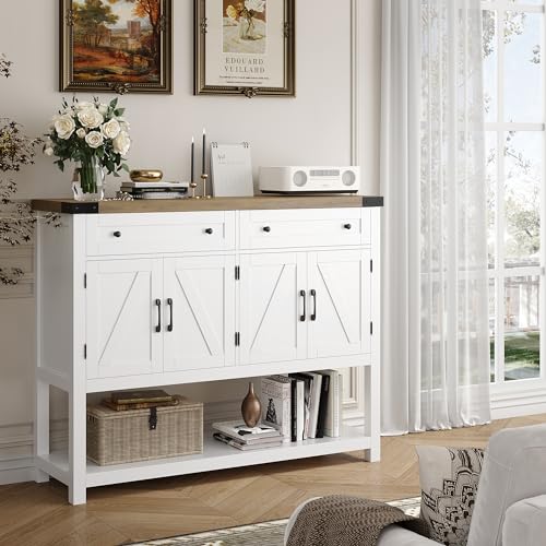 HOSTACK Buffet Sideboard Cabinet with Storage, 47.2" Modern Farmhouse Coffee Bar with 2 Drawers, Barn Doors Console Table with Shelf for Kitchen, HOSTACK