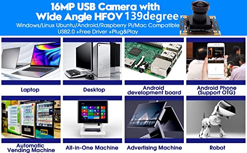 16MP USB Fisheye Camera Wide Angle PC Camera for Computer Raspberry Pi Mini UVC USB2.0 Webcam Board IMX298 USB Security Camera Module CCTV Laser IEights