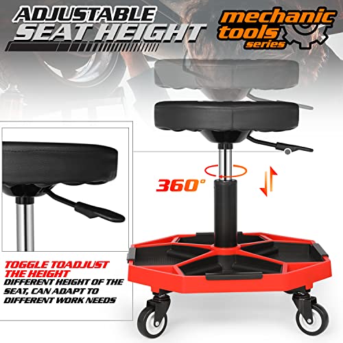 M-AUTO Pneumatic Mobile Rolling Garage Stool with Equipment Tray and All-Terrain Casters 300LBS Capacity Creeper, 16.5" to 22" Adjustable Height M-AUTO