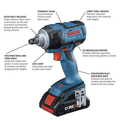 BOSCH GDS18V-221B25 18V EC Brushless 1/2 In. Impact Wrench Kit with (2) CORE18V 4.0 Ah Compact Batteries - WoodArtSupply