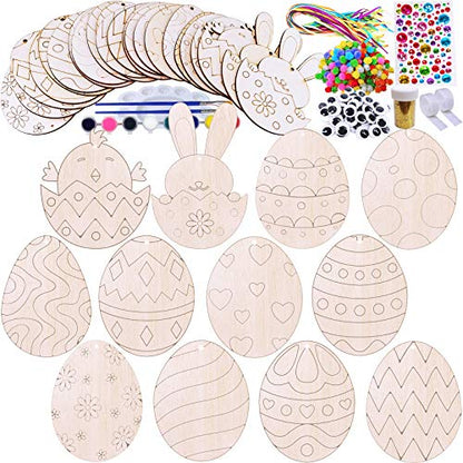 36 Sets Wooden Easter Ornaments Decorations DIY Easter Craft Kits Assorted Paintable Unfinished Wood Easter Egg Bunny Chick Ornaments for Kids Party