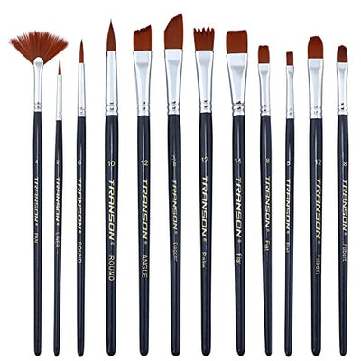 Transon 12pcs Professional Paint Brush Set for Acrylic Watercolor Gouache Ink Rock Craft Face Painting
