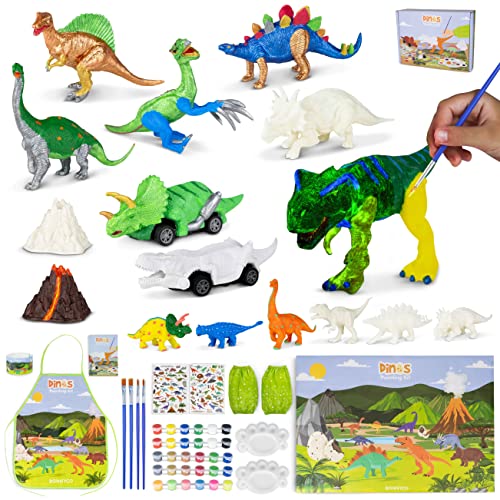 BONNYCO Dinosaur Toys for Kids Painting Kit 16 Figurines Kids Crafts Kits with Glow in The Dark, Toys & Gifts for Boys | Kids Toys 3 4 5 6 7 8 9 10 - WoodArtSupply