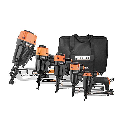 Freeman P5FRFNFWSCB Pneumatic Framing and Finishing Nailers and Staplers Combo Kit with Canvas Bag and Fasteners (5-Piece),Black - WoodArtSupply