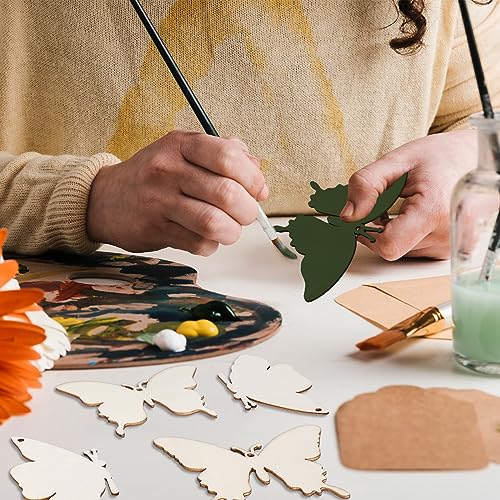 Whaline 54 Pieces Unfinished Wooden Butterfly Cutouts with Holes and Hemp Rope DIY Blank Butterfly Shape Hanging Ornaments Embellishments Wooden Whaline