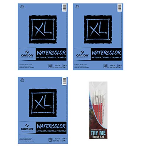 3 Pack Canson XL Series Watercolor Paper Pad 9" x 12" Bundle with Try Me Watercolor Paintbrush Set- Cold Press 140lb 300gsm Includes (3) 30 Sheet - WoodArtSupply