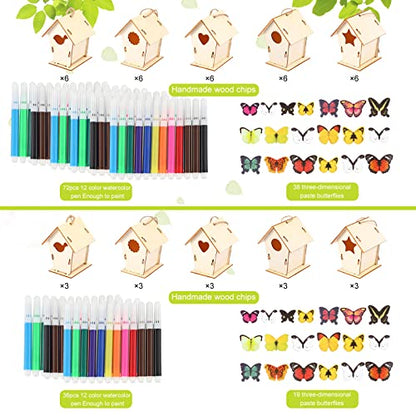 Outus Wooden DIY Craft Doodle Small Bird House Set Include Unfinished Wood Mini Bird House to Paint and Watercolor Paint Pen and 3D Butterfly Wall