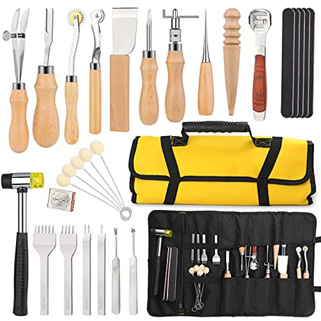 28 Pcs Leathercraft Hand Tools Kit, Upholstery Repair Kit Leather Working Tools with Leather Prong Punch, Leather Hammer, Stitching Groover, Leather JUPEAN