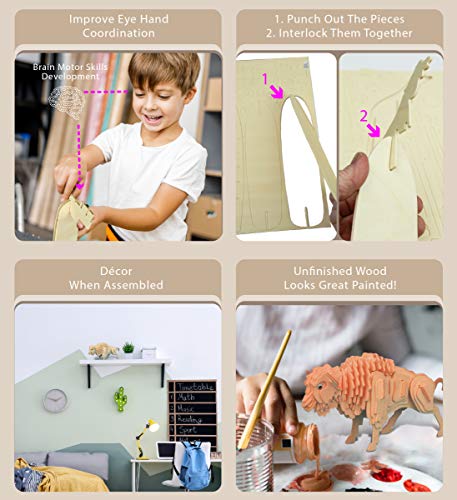 Puzzled 3D Puzzle Buffalo Wood Craft Construction Model Kit, Fun & Educational DIY Bison Wooden Animal Toy Assemble Model Unfinished Crafting Hobby Puzzled