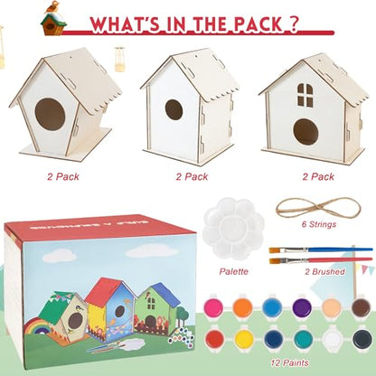 Treewant 6 Pack Birdhouse Kit-Art and Crafts for KDS Ages 3-8, Build and Paint Bird House Wooden Art Kits Outside Toys for Kids 8-12, Paint Kit