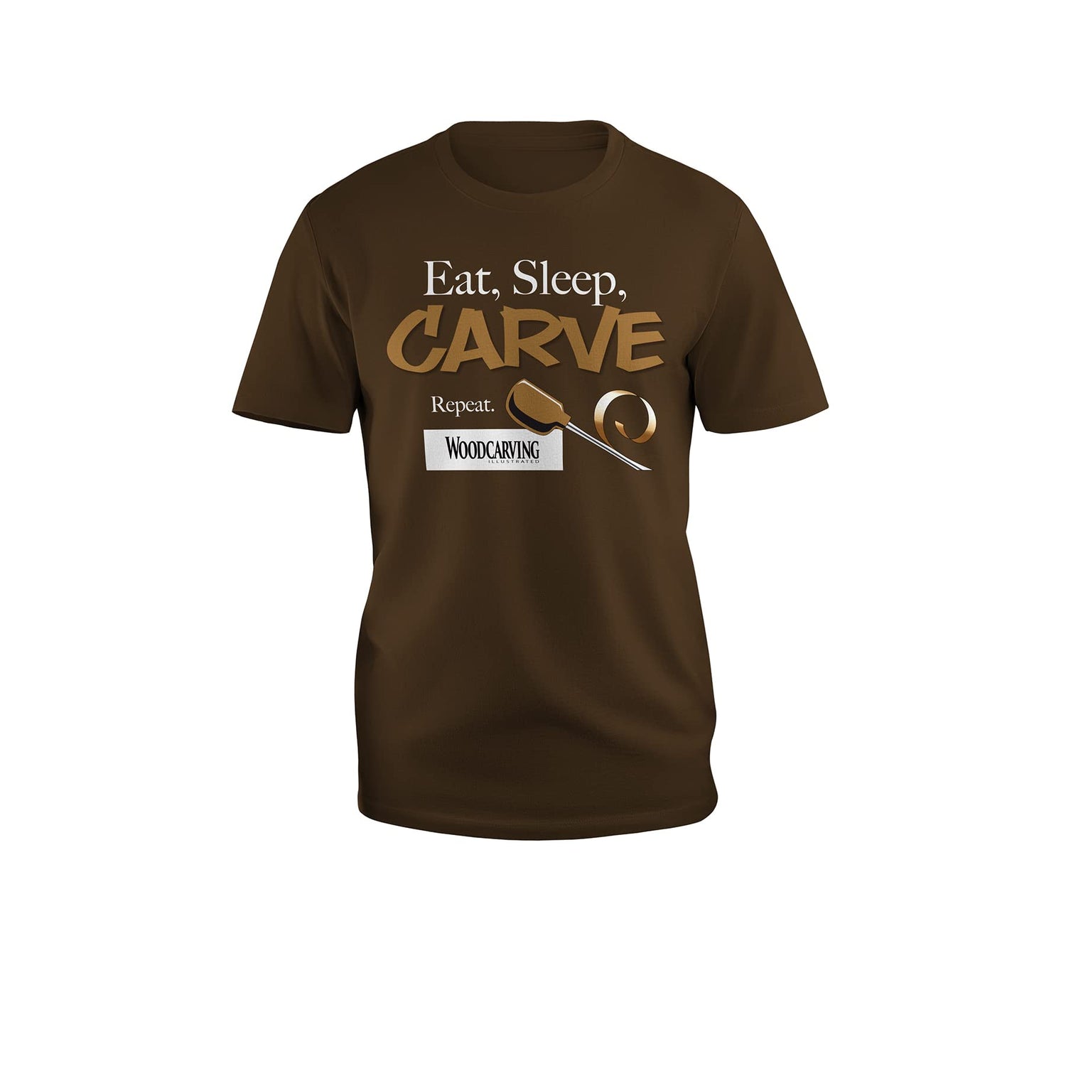 Eat Sleep Carve Repeat T-Shirt - Cotton Classic Fit Machine Washable in Medium, Large, XL, XXL, 3X, 4X - Gift for Woodcarvers Chocolate Brown Fox Chapel Publishing