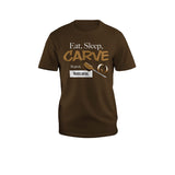 Eat Sleep Carve Repeat T-Shirt - Cotton Classic Fit Machine Washable in Medium, Large, XL, XXL, 3X, 4X - Gift for Woodcarvers Chocolate Brown Fox Chapel Publishing