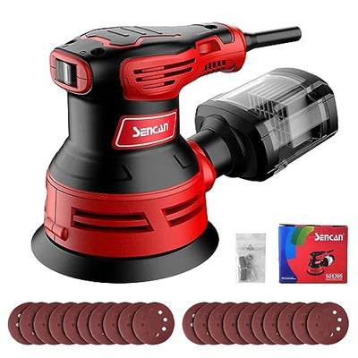 SENCAN 280W Random Orbit Sander, 6 Variable Speed 5-Inch,4000-12000 RPM Electric Palm Sander with Transparent Dust Box,Efficiency Dust Collection
