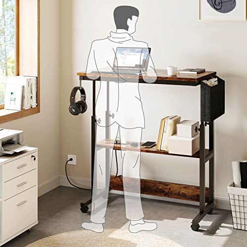 YITAHOME Height Adjustable Table with Charging Station, Portable Desk with Wheels, Small Standing Rolling Computer Desk with Tiltable Tabletop and YITAHOME