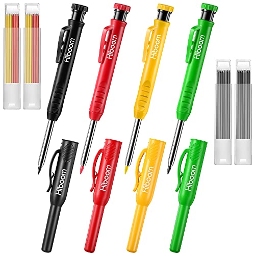 Hiboom 4 Pack Carpenter Pencils Set with 24 Refills, 2.8 mm Mechanical Carpenter Pencil Built in Sharpener Woodworking Marking Tool Solid Long Nosed Hiboom