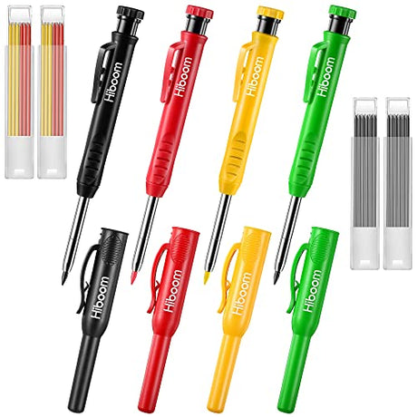 Hiboom 4 Pack Carpenter Pencils Set with 24 Refills, 2.8 mm Mechanical Carpenter Pencil Built in Sharpener Woodworking Marking Tool Solid Long Nosed Hiboom