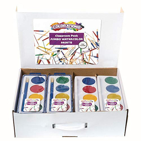 Colorations Jumbo Washable Watercolor Classroom Pack (60 Piece Set) – Includes Regular and Glitter Watercolor Trays, Refills, Brushes, Storage Case – Colorations