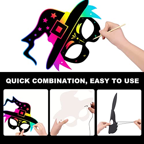 Magic Masks, 8PCS Rainbow Scratch Paper Halloween Masks DIY Art Craft Kit Ghost Skeleton Cat Witch Pumpkin Bat Spider Mask Decorations for Kids Holiberty