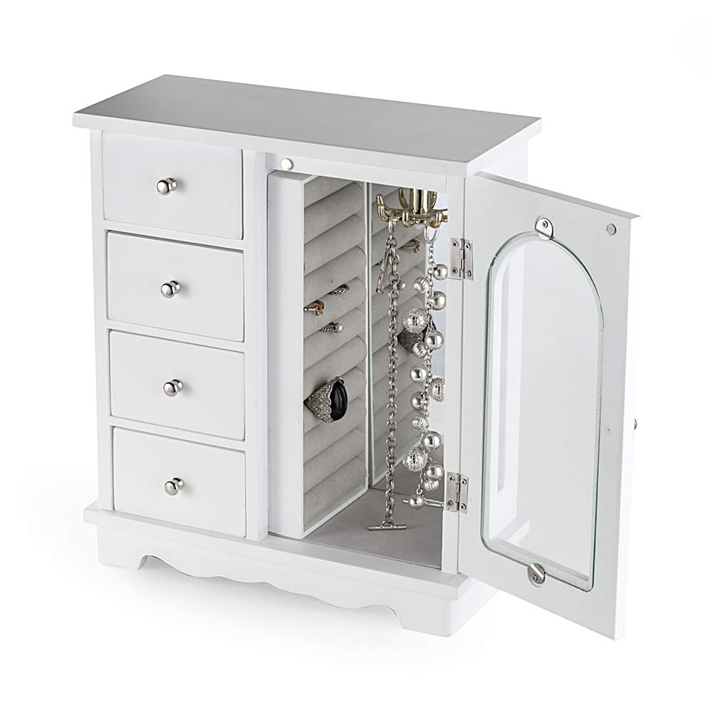 ZGZD White Jewelry Box Wooden Makeup and Accessories Organizer Girls Ring Storage with 4 Drawers and Swing Door ZGZD