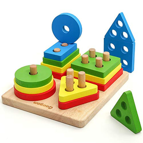 Coogam Wooden Sorting Stacking Montessori Toys, Shape Color Recognition Blocks Matching Puzzle, Fine Motor Skill Educational Preschool Learning Board Coogam