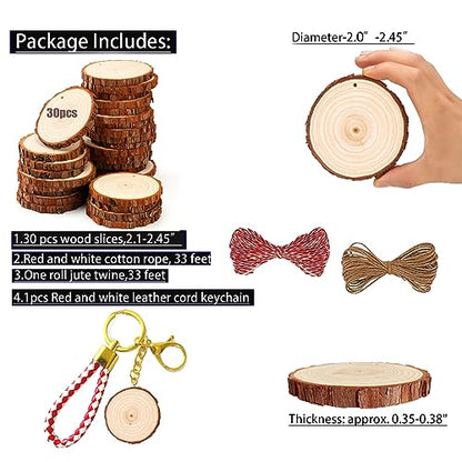 SENMUT Natural Wood Slices,Unfinished Wood Slice Kit 30pcs 2.0"-2.45" Predrilled Wood Circles for Crafts, Christmas Wood Slices for Crafts Round - WoodArtSupply