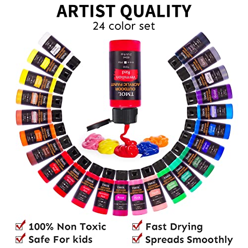 Acrylic Paint Set with 12 Art Brushes, 24 Colors (2 oz/Bottle) Acrylic Paint for Painting Canvas, Wood, Ceramic and Fabric, Paint Set for Beginners, TMOL