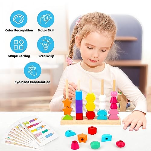 Montessori Toys for 2 3 4 Year Old Kid Boy Girl Toddler, Montessori Wooden Beads Sequencing Toy Set, Lacing Beads & Stacking Block & Matching Shape