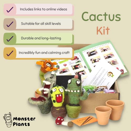 Woolbuddy Needle Felting Kit, Cactus Monster Felting Kit for Beginner Adults, Kids Needle Felting Kit Succulent, 4 Felting Needles, Felting Wool, Woolbuddy