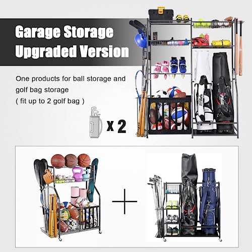Mythinglogic Garage Sports Equipment Storage, 2 Golf Bag Storage Stand and Other Sports Equipment Storage Rack, Garage Organizer System Mythinglogic