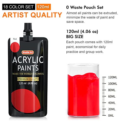 Shuttle Art Acrylic Paint, 18 Colors Acrylic Paint Pouches (120ml/4.06oz), Artist Grade Acrylic Paint Set, Rich Pigments, Non-Toxic for Artists, Shuttle Art