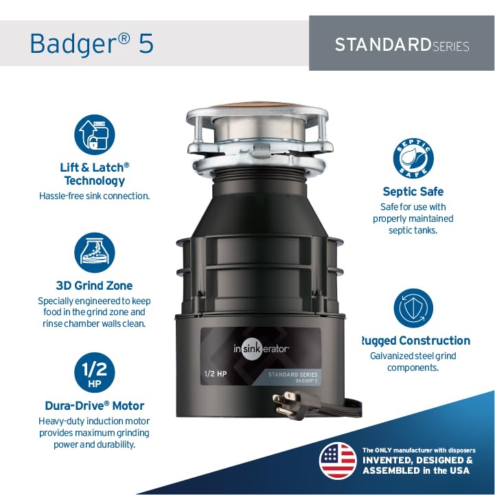 InSinkErator Badger 5 Garbage Disposal with Power Cord, Standard Series 1/2 HP Continuous Feed Food Waste Disposer, Badger 5 W/C, No Size, Black/Gray - WoodArtSupply