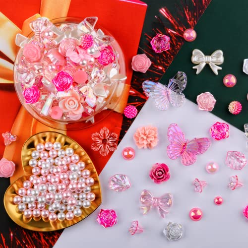 Kikonoke 350 Pieces 3D Resin ABS Colorful Rose Flower Bows Butterfly Charms with Flatback Half Round Pearl Beads for Bracelet Earring Necklace Craft kikonoke