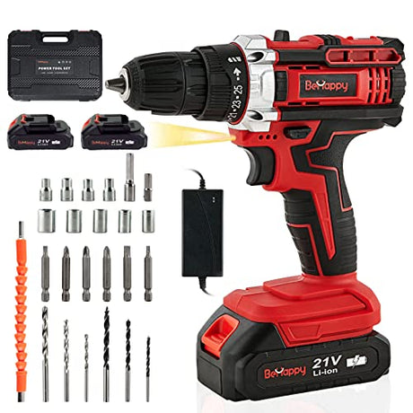 BeHappy Cordless Drill Set, 21V Power Drill Kit, Electric Power Drill Set with 2 Batteries and Charger, 25+3 Torque Setting, 2 Speed, 315 In-lb, LED, BeHappy