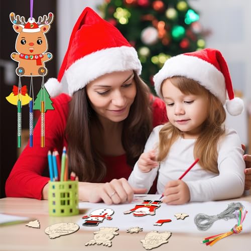 TREACLUB Christmas Wind Chime Kit for Kids, 12 Pack Merry Christmas Make Your Own Wooden Wind Chime DIY Coloring Xmas Snowman Santa Unfinished Wooden TREACLUB