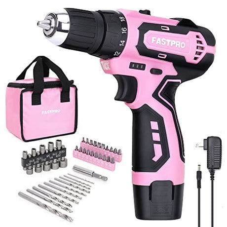 FASTPRO 42-Piece 12V Pink Drill kit, Lithium-ion Cordless Drill Driver, 3/8 in. Drill Driver Set with One 1.5 Ah Batteries, Charger and Tool Bag FASTPRO