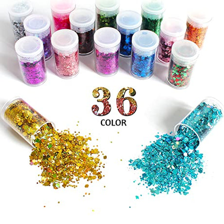 Holographic Chunky Glitter, Set of 36 Colors Craft Glitter Sparkle Sequins, Cosmetic Glitter Flake for Epoxy Resin, Body, Face, Eye, Nail Arts, Slime LICOOL GLITTER